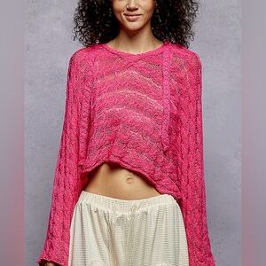 Pink POL Boho Crochet Laced Hooded Cropped Sweater